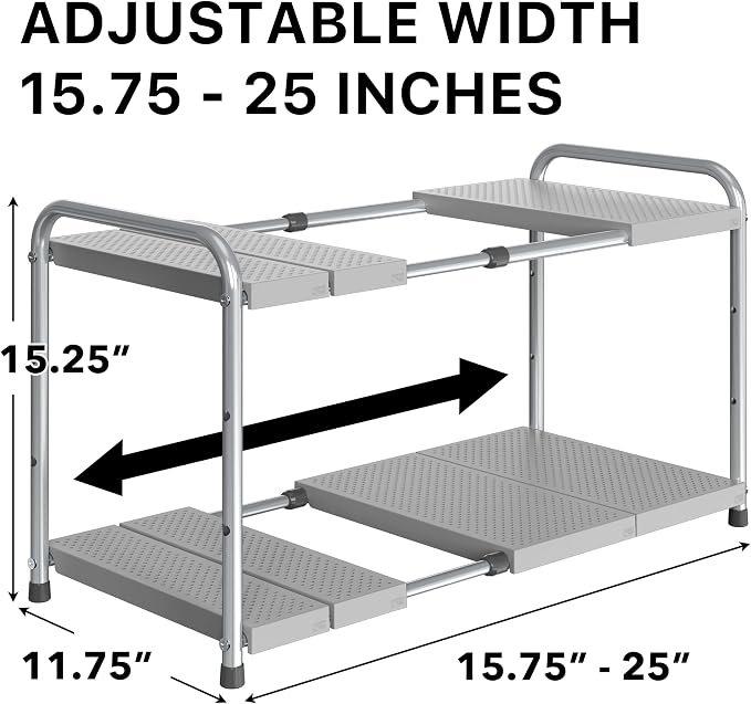 Simple Houseware Under Sink 2-Tier Heavy Duty Expandable Rack Organizer, Adjustable Width 15.75–25 Inches with 4 Shelf Height Levels, Silver