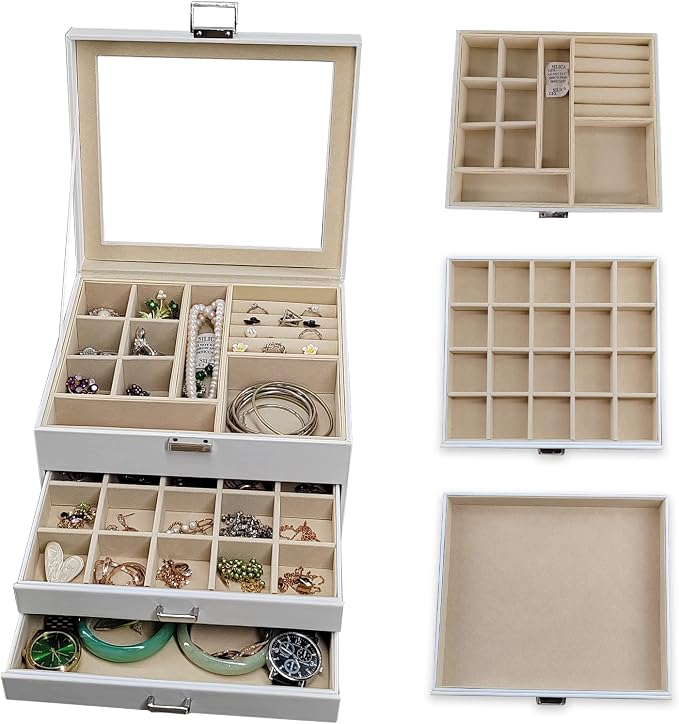 BOOVO Clear Lid Jewelry Box,3 Layers Jewelry Organizer Large Jewelry Storage Box with 2 Drawers,Jewelry Holder Organzier of Rings Earrings Necklace Bracelets for Women (White, 3 Layer)