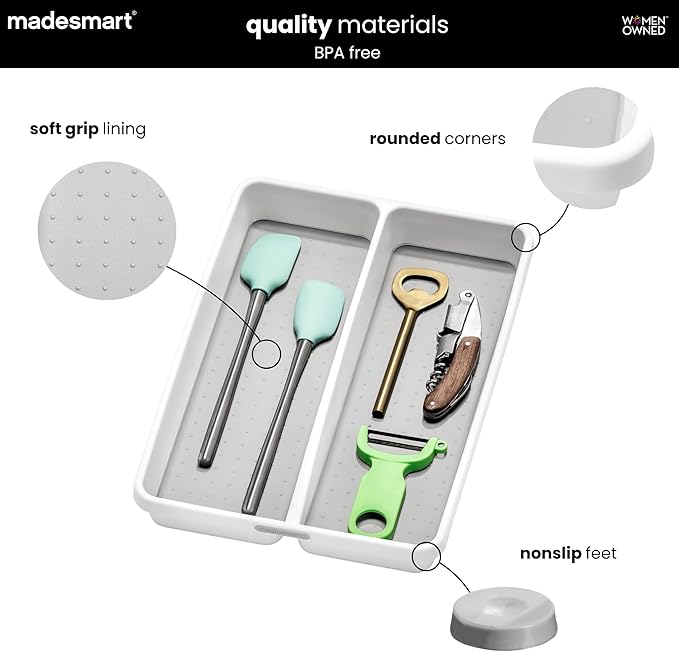 madesmart Small Utensil Tray, Multi Purpose Storage Organizer, Deep Storage for Ladles, Whisks & Serving Tools, Non Slip Lining, for Drawers & Home Organization, White