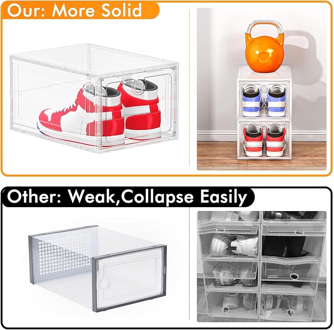 ARSTPEOE 12 Pack Upgrade Harder Shoe Organizer, Shoe Storage with Magnetic Front Door, Clear Shoe Boxes Foldable Space-Saving Shoe Rack for Sneaker Boot Container, White
