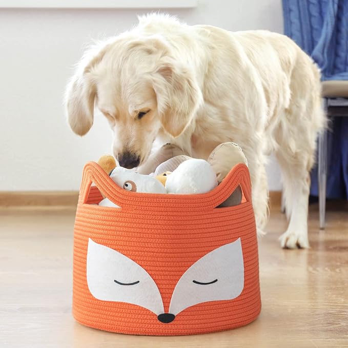 Fox Decor Basket, Nursery Basket for Baby Clothes, Toys, Laundry, Blanket, Cute Animal Storage Box, Large Woven Gift for Kids, Baby Showers-15.7"L x 11.8"H, Orange