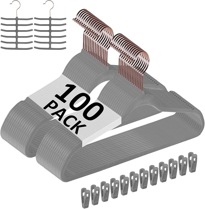 VECELO Premium Velvet Clothes Hangers Suit Heavy Duty (100 Pack)-Non Slip & Space-Saving with 12 Finger Clips & 2 Tie Rack Excellent for Men and Women,Gray