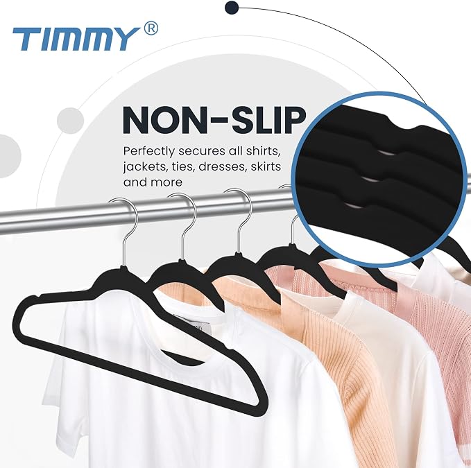 TIMMY 50 Pack Velvet Hangers, Non-Slip Ultra-Thin Space-Saving Suit & Coat Hangers with 360° Silver Swivel Hook - Hold 10 lbs, for Blazers, Dresses & Pants (Black/Silver, 17.7 in)