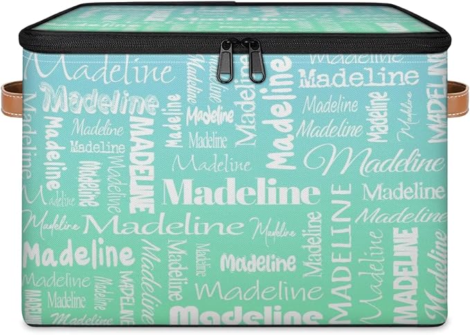 Custom Storage Basket with Name, Personalized Keepsake Box with Zipper Lid, Foldable Fabric Memory Bin Large capacity with Handle Bright Green Blue
