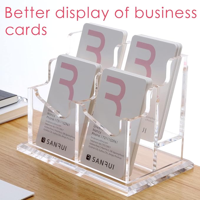 SANRUI Vertical Business Card Holder for Desk，Clear Acrylic Business Card Display Stand，4 Slots 2 Tier ，Holds 200 Cards