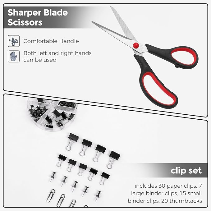SKYDUE Black Office Supplies, Mesh Desk Organizer, Stapler, Tape Dispenser, Scissors, Binder/Paper Clips and 1000pcs Staples, Desk Supplies Set