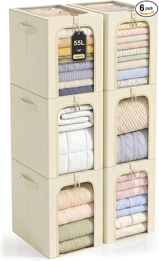 GoMaihe Clothes Storage Bins with Metal Frame, 55L Blanket Storage Boxes for Above Shelf Closet, 6 Pack Stackable Clothing Storage Organizer with Clear Window for Bedding Sweaters Comforters – Beige