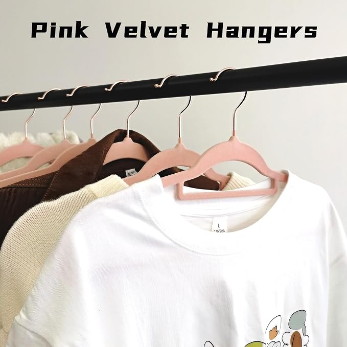Pink Velvet Hangers 50 Pack - Adult Hangers Rose Gold Hook, Space Saving Non-Slip Clothes Hangers, 16.5 Inch with Tie Bar for Coats,Sweater,Jackets,Dresses, Shirts, Suits & T-Shirts