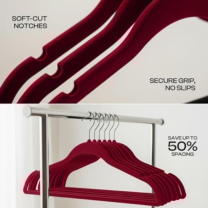 Utopia Home Velvet Hangers, Burgundy, 20 Pack | Luxury Non-Slip Slim Pant & Coat Hangers, Strong Space-Saving Clothes Hangers with Pants Bar and 360° Swivel Hook