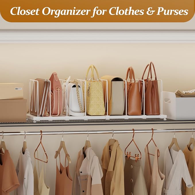 Dmevkic Extendable Purse Organizers Purse Storage. Length 16-28 in. Bag Organizer Purse Holder for Closet with 8 Adjustable Shelf Dividers Patent Pending