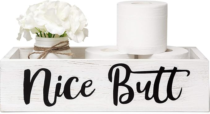Dahey Bathroom Decor Box, Toilet Paper Holder, Farmhouse Rustic Wood Box Funny Home Decor for Bathroom Kitchen (Mason Jar and Artificial Flower Included), White
