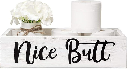Dahey Bathroom Decor Box, Toilet Paper Holder, Farmhouse Rustic Wood Box Funny Home Decor for Bathroom Kitchen (Mason Jar and Artificial Flower Included), White