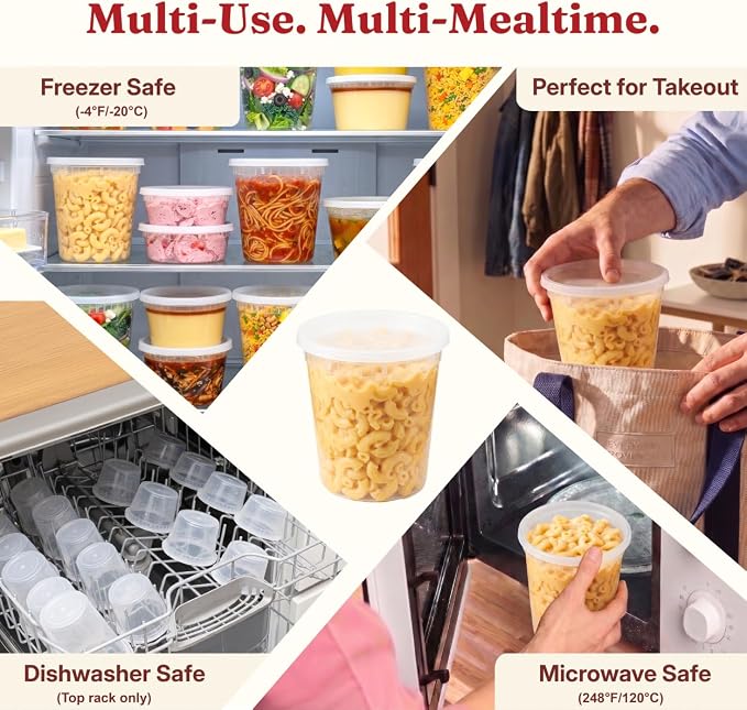 32oz Deli Containers with Lids (40 Sets/80 Pcs) Quart Plastic Containers with lids, BPA-Free Microwave Freezer Safe Bowl, Leakproof Food Prep Containers for Leftover Food Storage &To-Go