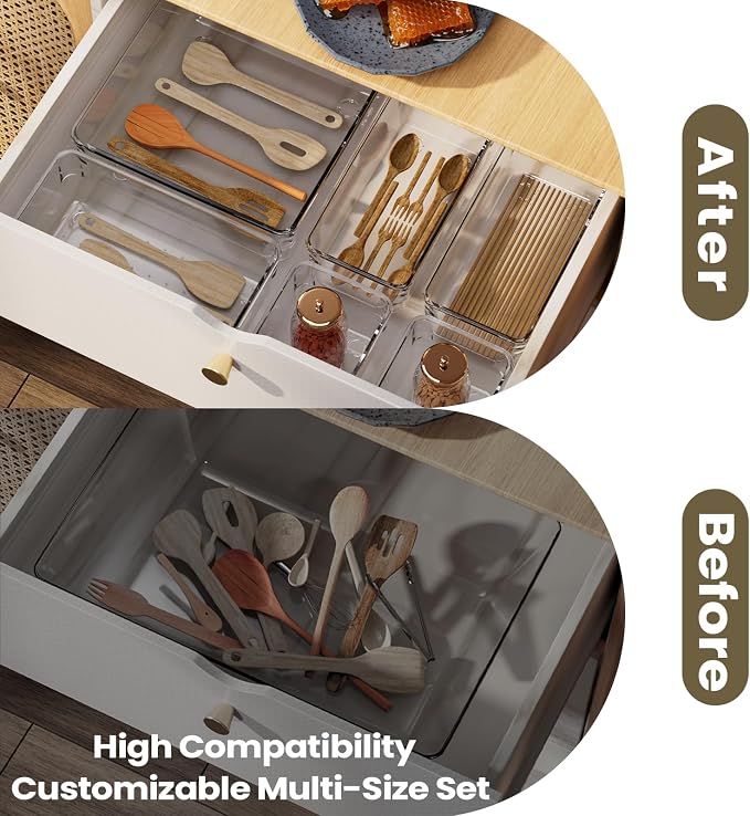 Clear Plastic Drawer Organizer Set with 15 Inch Extra Long Bins, 4 Sizes Large Acrylic Organizers for Kitchen Utensils, Bathroom Trays and Makeup Storage