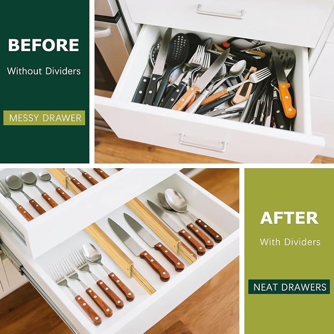 Lzerking Kitchen Drawer Dividers 6 Pack Bamboo Drawer | 17-22" Adjustable, Spring Loaded, Expandable Utensil Organizer, Works in Kitchen, Dresser, Closet, Bathroom, Bedroom