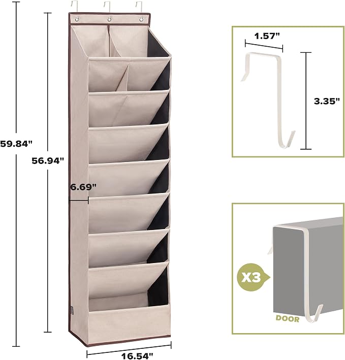 4 Pack Shoe Organizer with 6 Extra Large Pockets and 4 Large Pocket, Over the Door Sturdy Closet Storage Rack, Hanging Shoe Organizer for Shoes, Sneakers, Beige