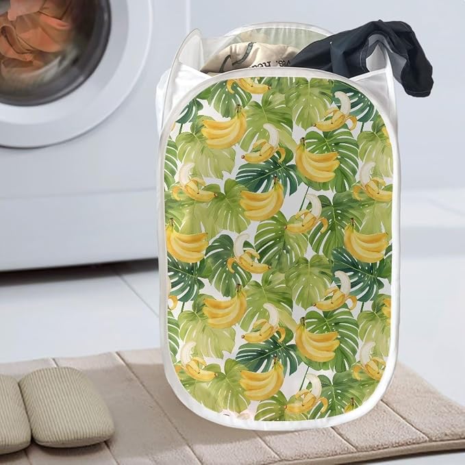 AFPANQZ Laundry Baskets Foldable Pop Up Mesh Banana Monstera Laundry Basket Bag Bin Hamper Nursery Toy Tidy Storage Organiser Large Organizer Turquoise 61L,13.5x13.5x21 inches