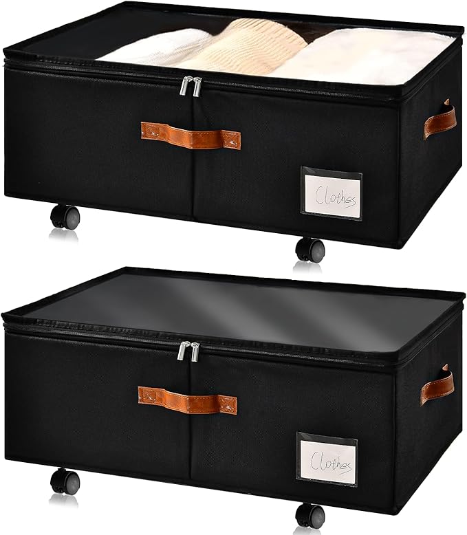 Freebat Under Bed Storage Organizer with Wheels 2 Pack, 10 inches Height Underbed Container with Clear Lid Cover, Storage Bag Box with Visiable Window for Clothes, Bedsheet, Pillow