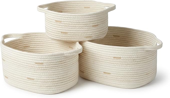RGI Home Storage Baskets for Organizing, Fabric Rope, Set of 3, Decorative Woven Bins with Easy-Carry Handles, Multiple Sizes, Durable and Stylish, Ivory with Beige Accents