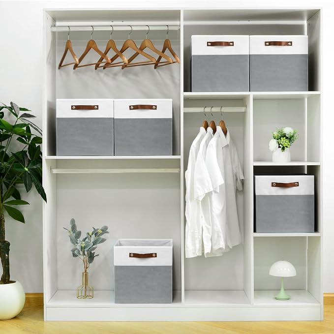 FinishingBo 6-Pack Storage Cubes with Handles & Label Holders Basket, Closet Cube Home Organizer Bins(White/Dark Grey, 13 x 13 x 13 inch)