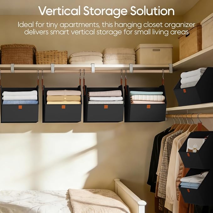 Homsorout Collapsible Hanging Closet Organizer - 6 Tier Closet Shelves Storage System with Hooks, Fabric Hanging Storage Bins for Clothes, Foldable Storage Basket for Laundry, Bedroom, Rv, Black