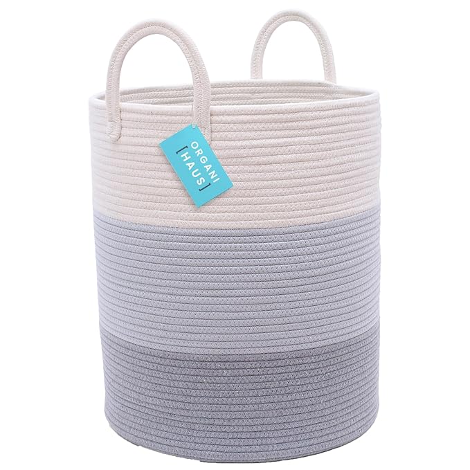 OrganiHaus Tall Cotton Rope Laundry Basket & Hamper, Blanket Storage 52L | 3-Toned Gray - Tall Cotton Rope Hamper, 52L