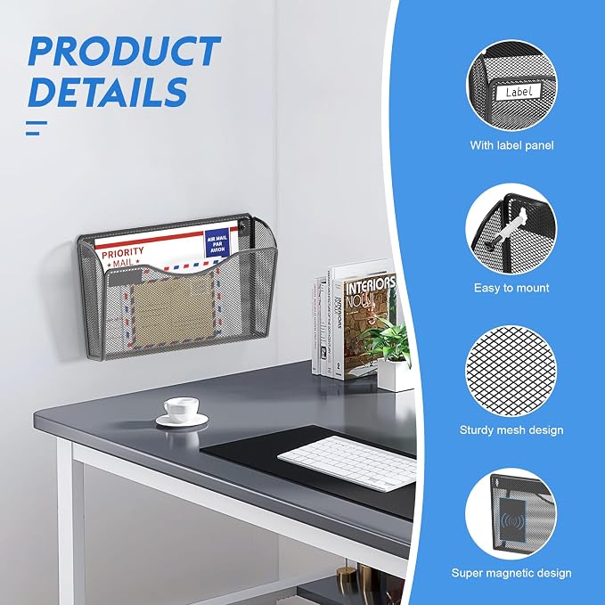 samstar 6 Pack Magnetic File Holder, Mesh Wall File Organizer File Pocket Mail Organizer Paper Folder Holder for Office/Home, No Drilling(Magnetic)