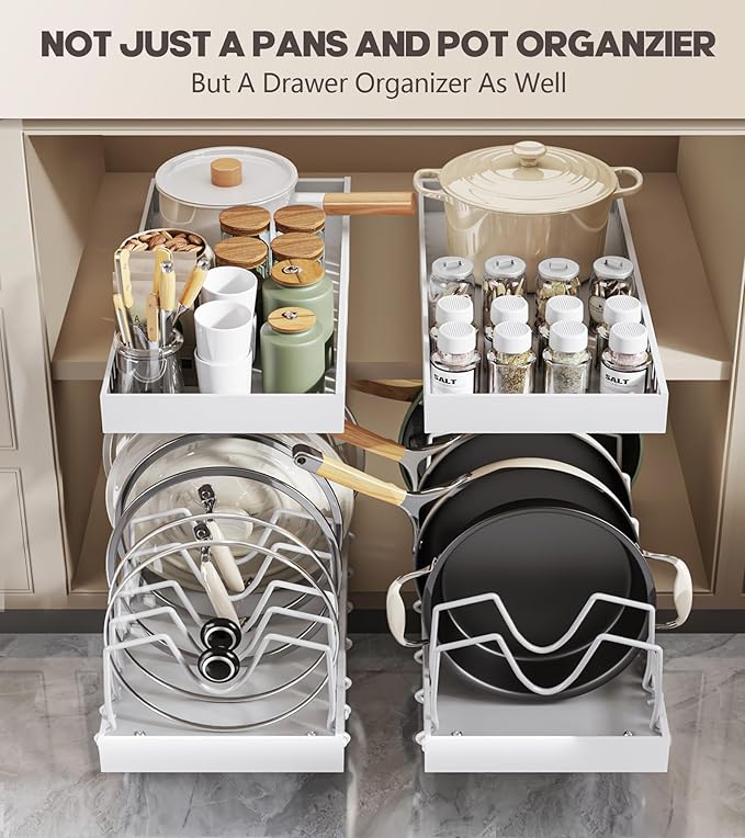 Lozovin Pull Out Pots and Pans Organizer Under Cabinet, Sliding Lid Holder and Pan Rack in Kitchen, Slide Out inside Cabinet Storage for Pot Lid, Bakeware, Dishes, 8 Adjustable Dividers, 1 Pack White
