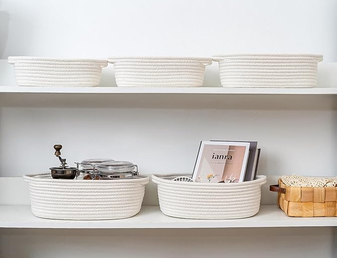 CubesLand Small Woven Rope Toys Basket for Organizing Set 5 | Shelves Closet Storage Bins, Empty Gift Baby Shower Basket Also Perfect for Toilet Paper Storage, Organizer Bins Off White