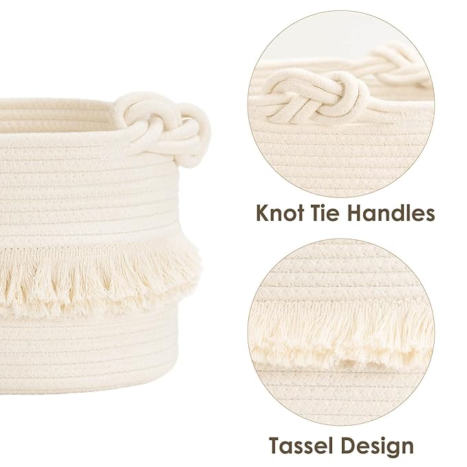 CherryNow Small Woven Storage Baskets, 9.5'' x 7'' inches Cotton Rope Decorative Hamper for Diaper, Blankets, Magazine and Keys, Cute Tassel Nursery Decor - Home Storage Container, Off-white