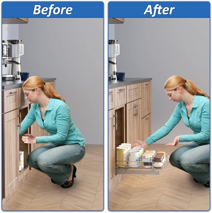 ROOMTEC Pull Out Cabinet Organizer - 14" W x 18" D, Slide Out Storage Shelves, Fits 15.5" Opening