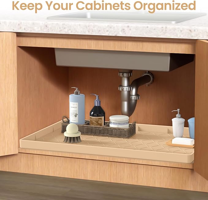 Mateeylife Under Sink Mats for Kitchen Waterproof 22"X19", Undersink Protectors，Silicone Mat Cabinet Liner, Under Sink Organizer for Bathroom and Kitchen，Boot Tray Pet Food Mat, Beige
