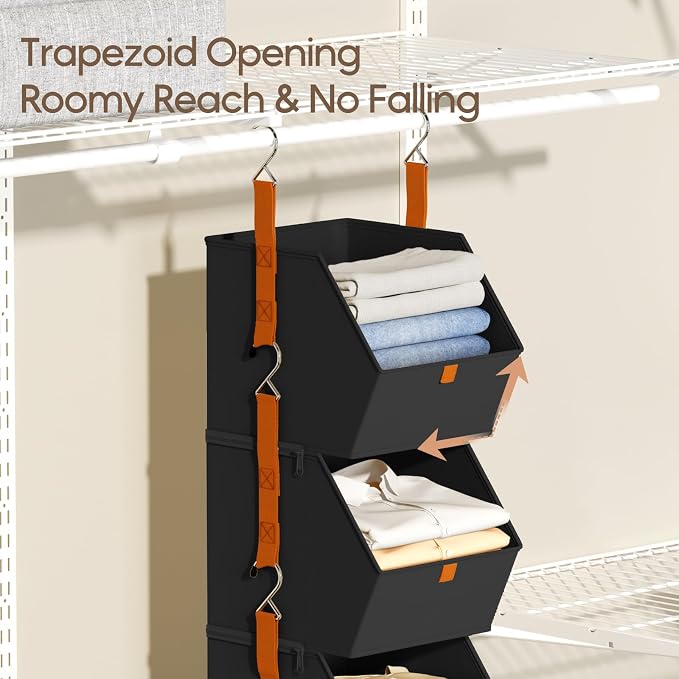 Homsorout Collapsible Hanging Closet Organizer - 3 Tier Closet Shelves Storage System with Hooks, Fabric Hanging Storage Bins for Clothes, Foldable Storage Basket for Laundry, Bedroom, Rv, Black