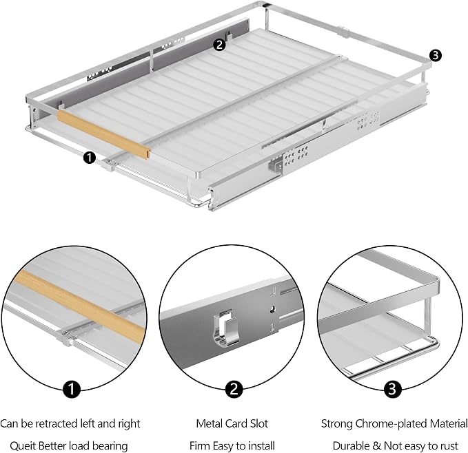 SANNO Pull Out Cabinet Organizer, Cabinet Shelf Kitchen Under Sink Shelf, Expandable Drawer Shelves with Sliding, Steel Metal Cabinet Drawers Slide Out, Chrome Finish