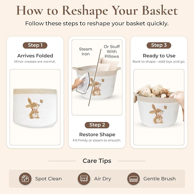 Bunny Storage Basket for Nursery – Large 15"x11" Cotton Rope Bin with Soft Embroidered Bunny Patch – Toy Organizer, Baby Laundry Hamper, Blanket & Diaper Holder – Foldable, Washable & Baby-Safe