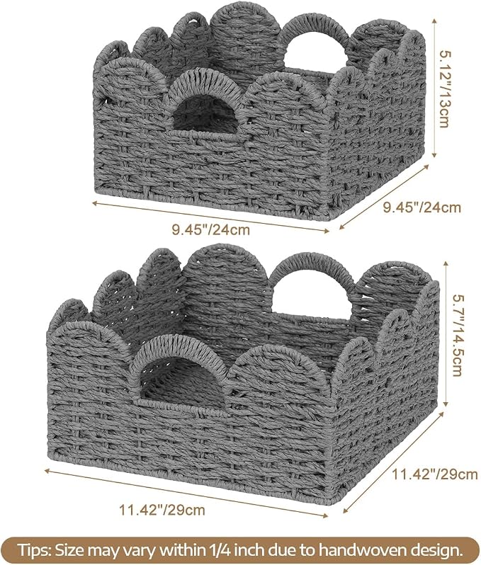 Graciadeco Scalloped Wicker Basket Natural Paper Rope Storage Baskets with Handles Handwoven Organizer Bin Wicker Storage Baskets for Home Decor, Organizing, 2 Pack (Grey)