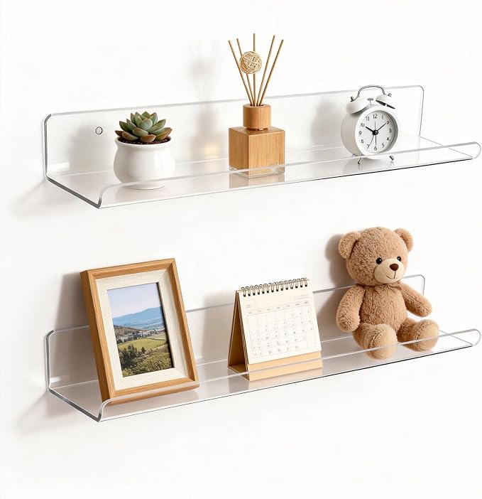 ROYALITA 2-Pack Acrylic Shelves Wall Mounted, 17 Inch Display Shelves | for Small Items Plants Organize Wall Shelves for Gaming Room, Bedroom, Living Room, Office, Clear