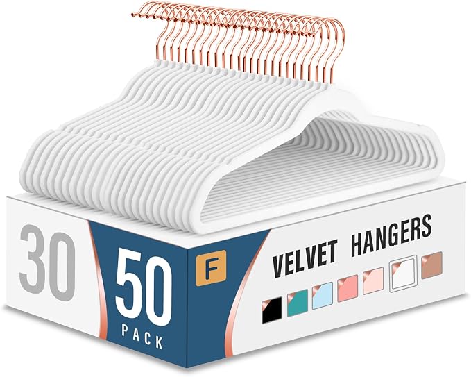 Velvet Clothes Hangers (50 Pack) Heavy Duty Durable Suit Hanger Vibrant Color Hangers Lightweight Space Saving Coat Hangers for Closet -White/Rosegold