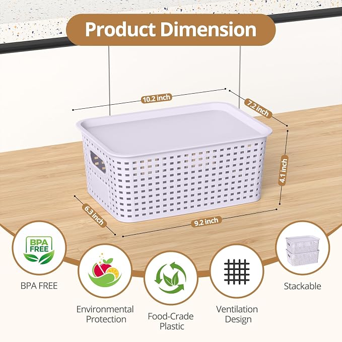Plastic Storage Basket with Lid, Stackable Small Box Bins for Organizing and Containers for Shelves Drawers Desktop Closet Playroom Pantry Classroom Office Home, 8 Pack 10.2"x7.2"x4.1" Lavender