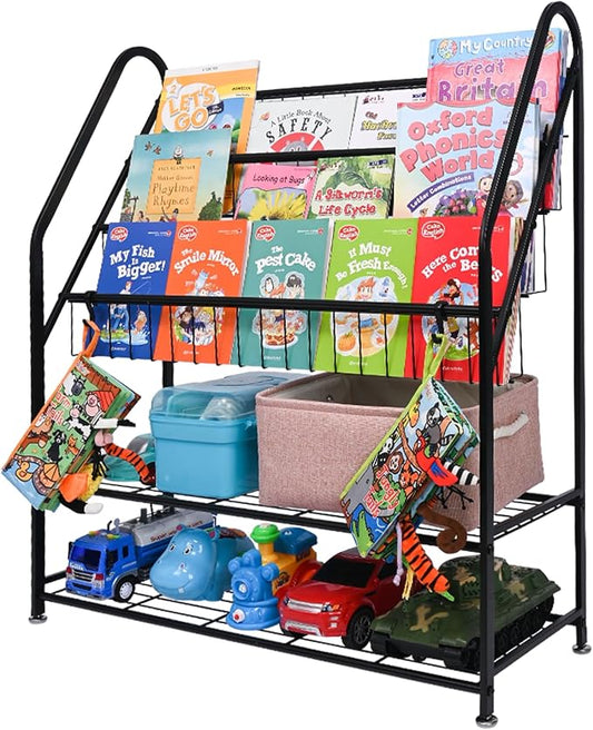 Metal Kids Bookshelf 5-Tier, Space Saving Book Storage with Toy Organizer, Durable Children Bookcase for Playroom Nursery Bedroom, Rust-Resistant Steel Frame, Montessori Classroom Shelf (Dark Black)