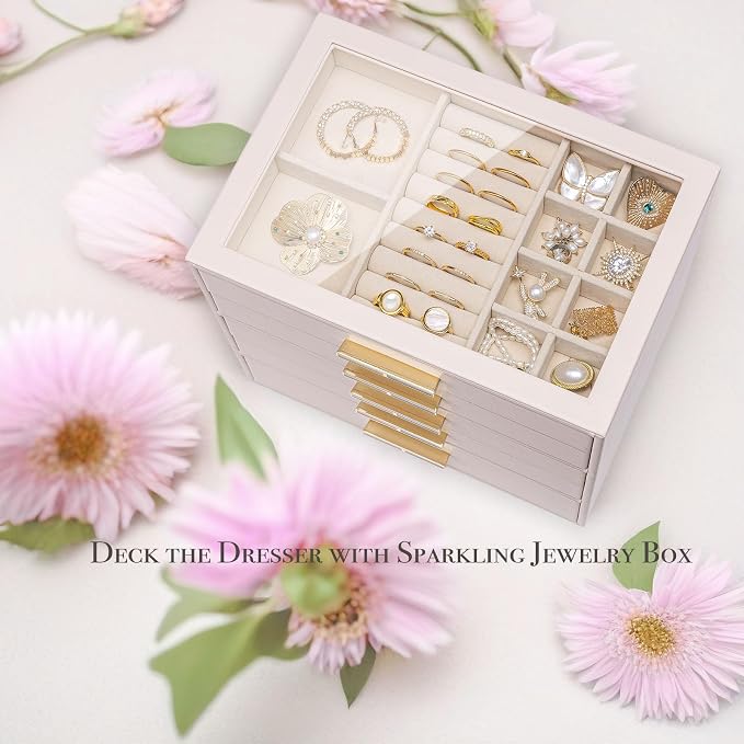 VLANDO 5-Drawer Jewelry Box with Glass Lid, Faux Leather Organizer for Rings Earrings Necklaces and More, Gift-Ready Jewelry Case for Women Girls or Moms, Pink Beige