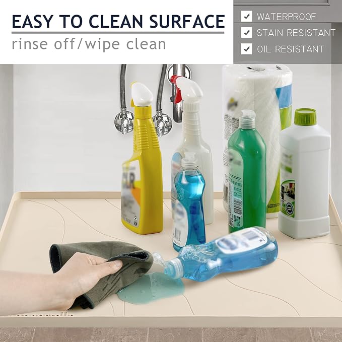 Heavy Duty Silicone Under Sink Mats for Kitchen Waterproof 40" x 22", Extra Thick Under Sink Rubber Mat Drip Tray, Raised Edge Under Sink Liner,Prevent Drips, Leaks, Spills,Beige