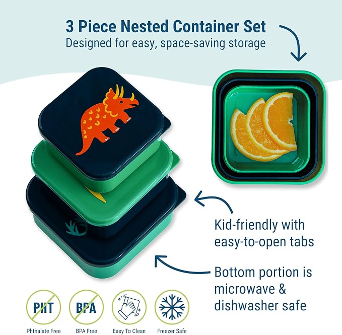 Wildkin Set of 3 Kids Nesting Food Containers for Boys – Stackable, Airtight & BPA-Free Snack Containers, Dishwasher Safe Lunch Box Containers for School & Travel, Ages 3–12 – Jurassic Dinosaurs