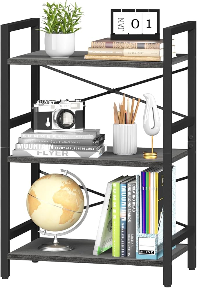 Yoobure Bookshelf Small Book Shelf, Solid Industrial 3 Tier Shelf Bookcase, Short Book Case for Bedroom, Living Room, Office Home, Small Spaces, Easy Assembly Charcoal Gray