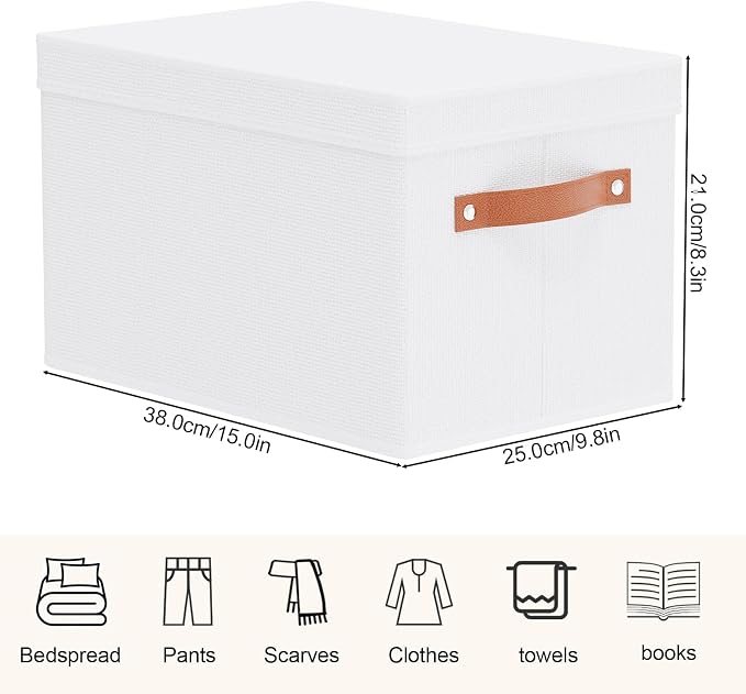 Fabric Storage Baskets,White Boxes,15 x 9.8 x 8.3In,3 Pack | Foldable Storage Bins with Lids,Shelves Organizers for Wardrobe,Bedroom,Decorative Closet Cubes for Shoes Towel Book