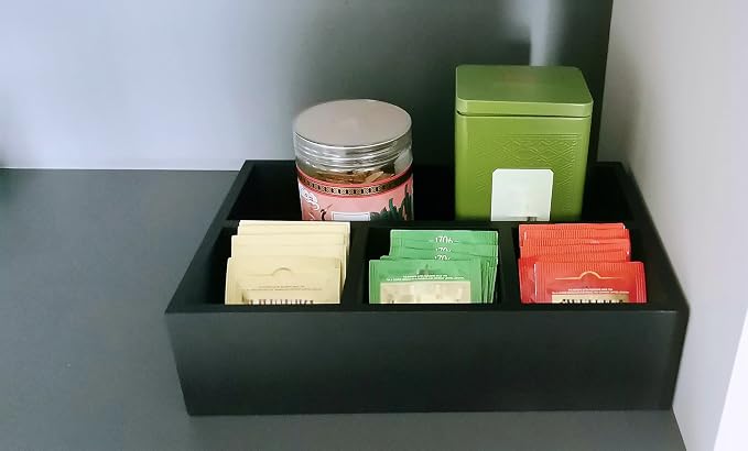 Tea Bag Organizer Black Wood Tea Bag Holder 4 Compartments Coffee Drawer | Large Capacity Sugar Packet Holder Coffee Station Organizer Tea Bags Caddy Drawer Storage Container for Countertop
