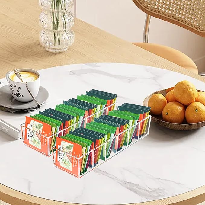 Acrylic Tea Bag Organizer Clear Teabag Holder Tea Storage Box 2 Pack | Tea Bag Organizer Holder with 6 Slot, Small Tea Packet Storage for Countertop, Drawer, Kitchen, Pantry, Shelf, Cabinet