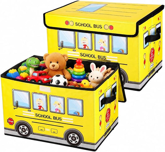 Sweetude 2 Pcs School Bus Treasure Box for Classroom, Foldable Chest Storage Toy Box Chest with Lid Treasure Storage Organizer Bin for Kids Teachers Toy Prizes Awards for Students(Yellow)
