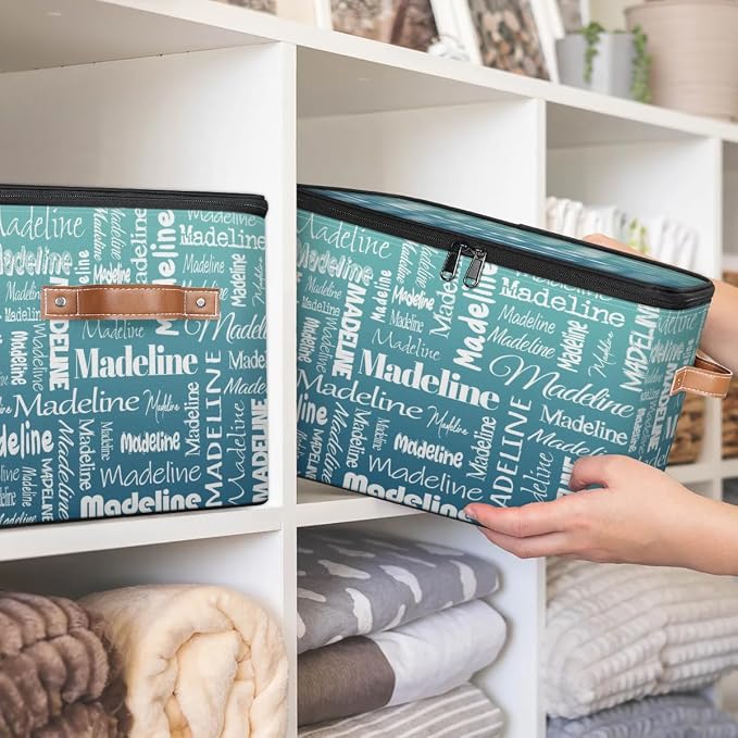 Custom Storage Basket with Name, Personalized Keepsake Box with Zipper Lid, Foldable Fabric Memory Bin Large capacity with Handle Gradient Grey Green