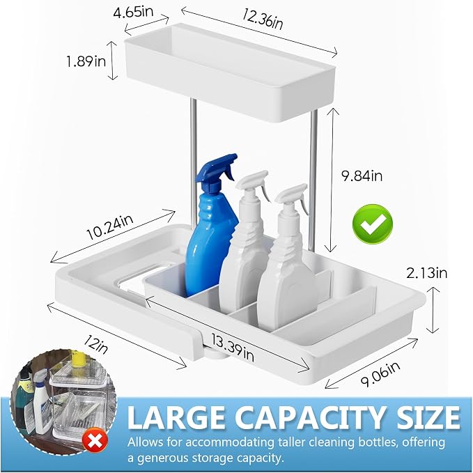 Under Sink Organizer and Storage, L-Shaped Bathroom Storage Cabinet with Basket, Multi-Purpose Sliding Cabinet Organizer for Kitchen Pantry Organization and Storage, White, 1 Pack